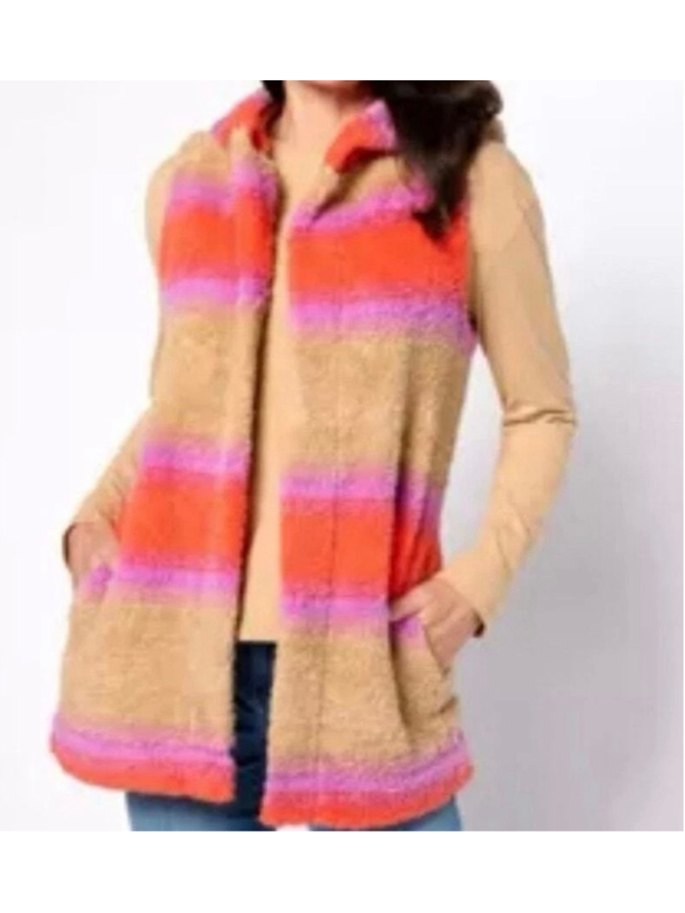 Women's KOOLABURRA BY UGG Tan Orange Purple Plush Striped Hooded Vest 2X